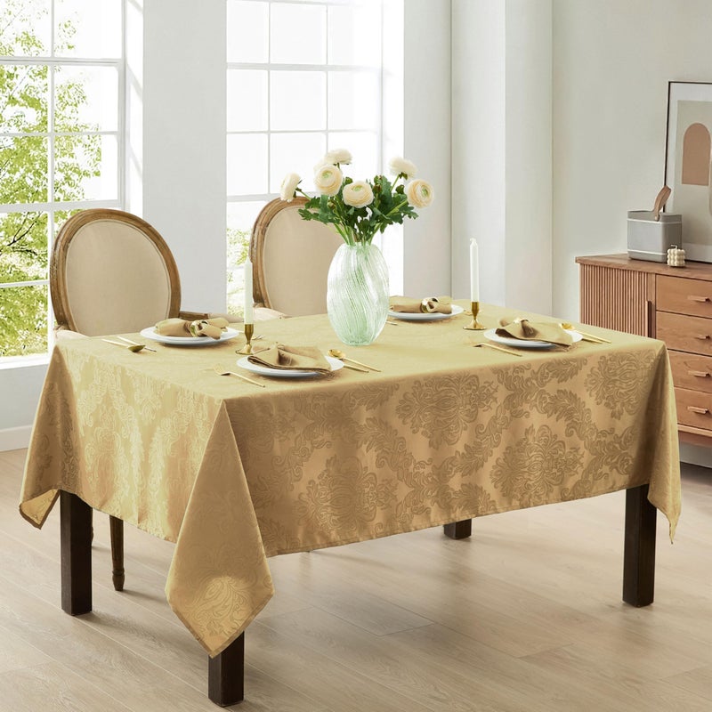 Newbridge Barcelona Damask Fabric Tablecloth, 52 x 70 Inch Rectangle, Gold â€“ No Iron, Soil Resistant Table Cover for Dining, Parties and Holidays - Image 2